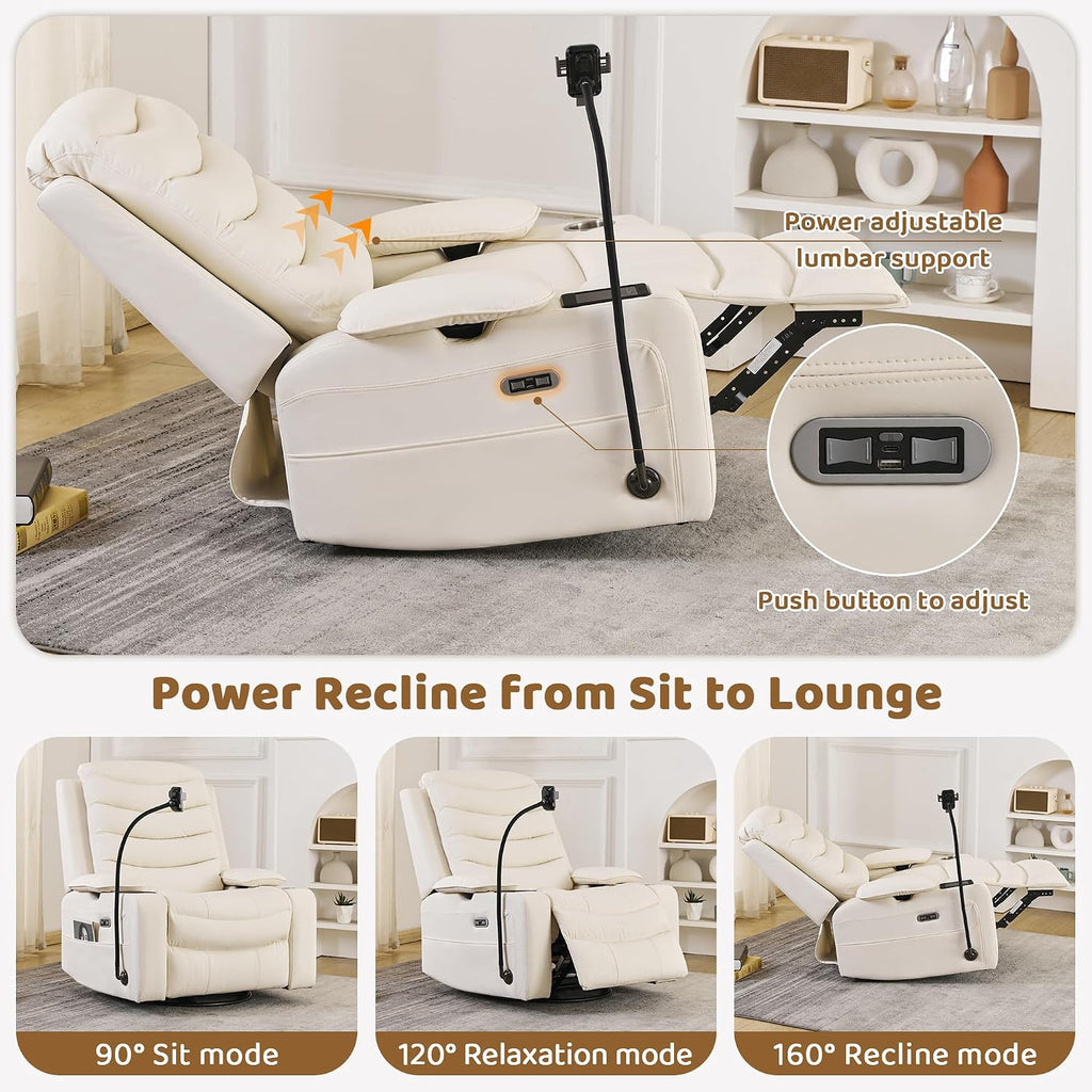 Power Glider Recliner Nursery Chair, Leather Swivel Rocking Chair, Beige | with Electric Lumbar Support, USB