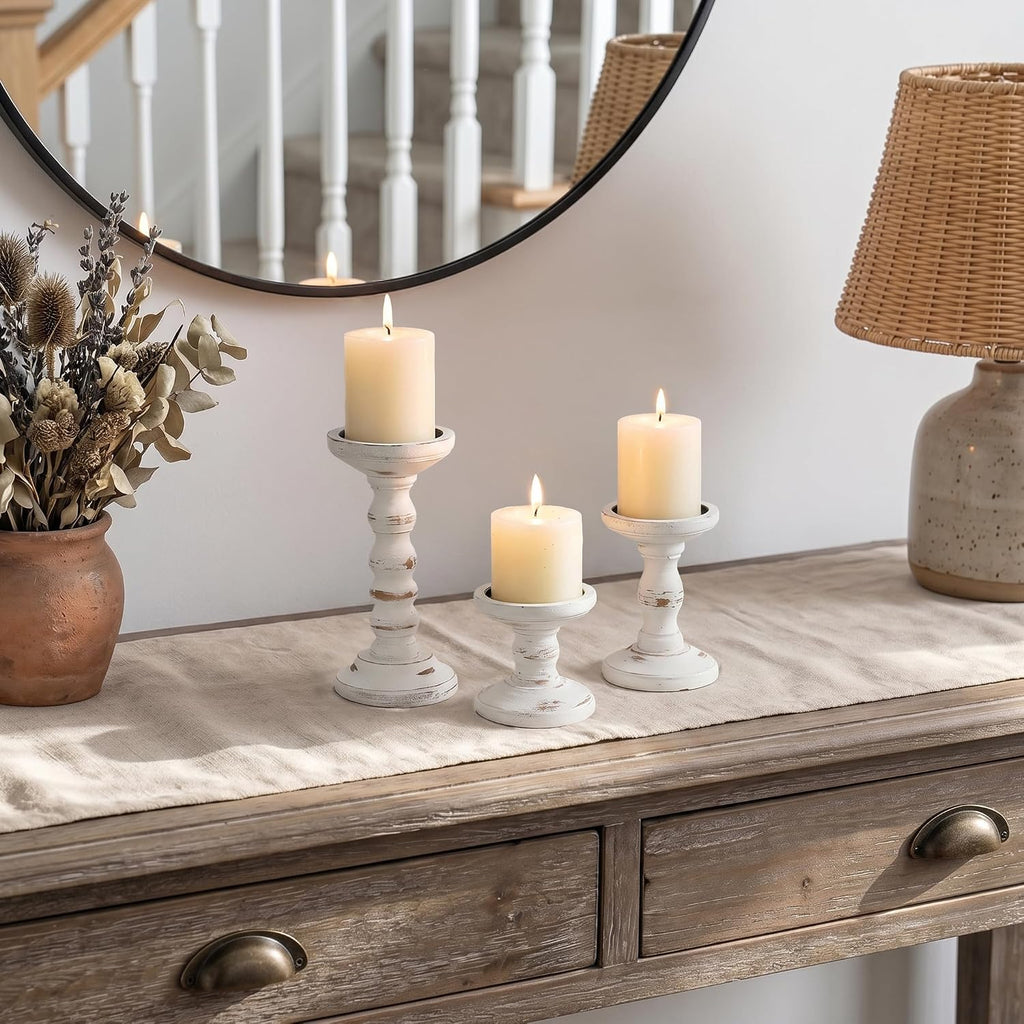 Wood Candle Holders for Pillar Candles - Set of 3 Tall Farmhouse Wooden Candlestick Holder, Rustic Candle Stand for
