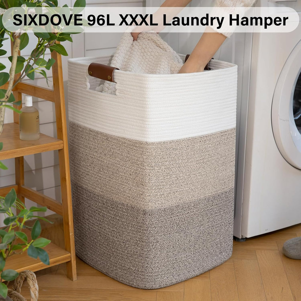 Laundry Hamper 96L Extra Large Laundry Basket, Woven Blanket Basket | Cotton Woven Storage Hamper with Handles