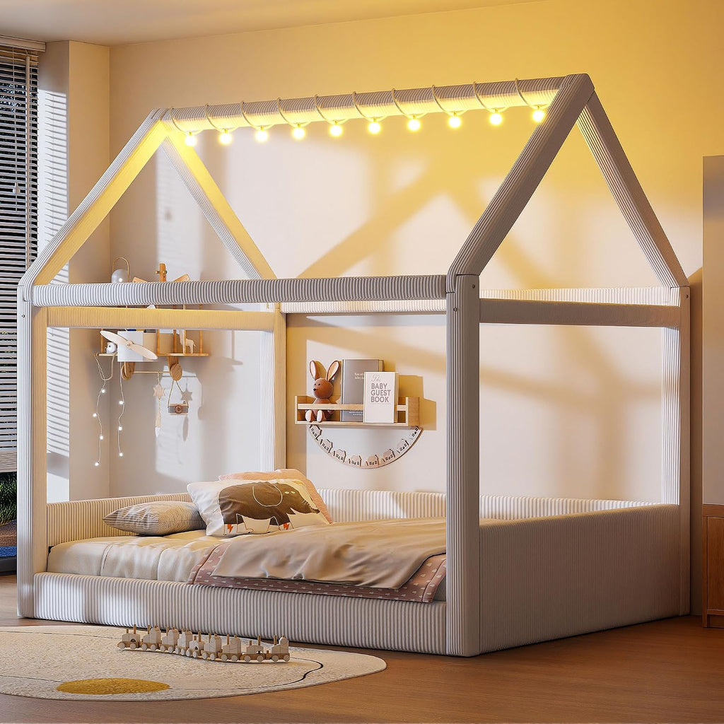 & Bright Designs Full Size Upholstered House Bed for Kids, Montessori Floor Bed with LED Light Strips, House Floor