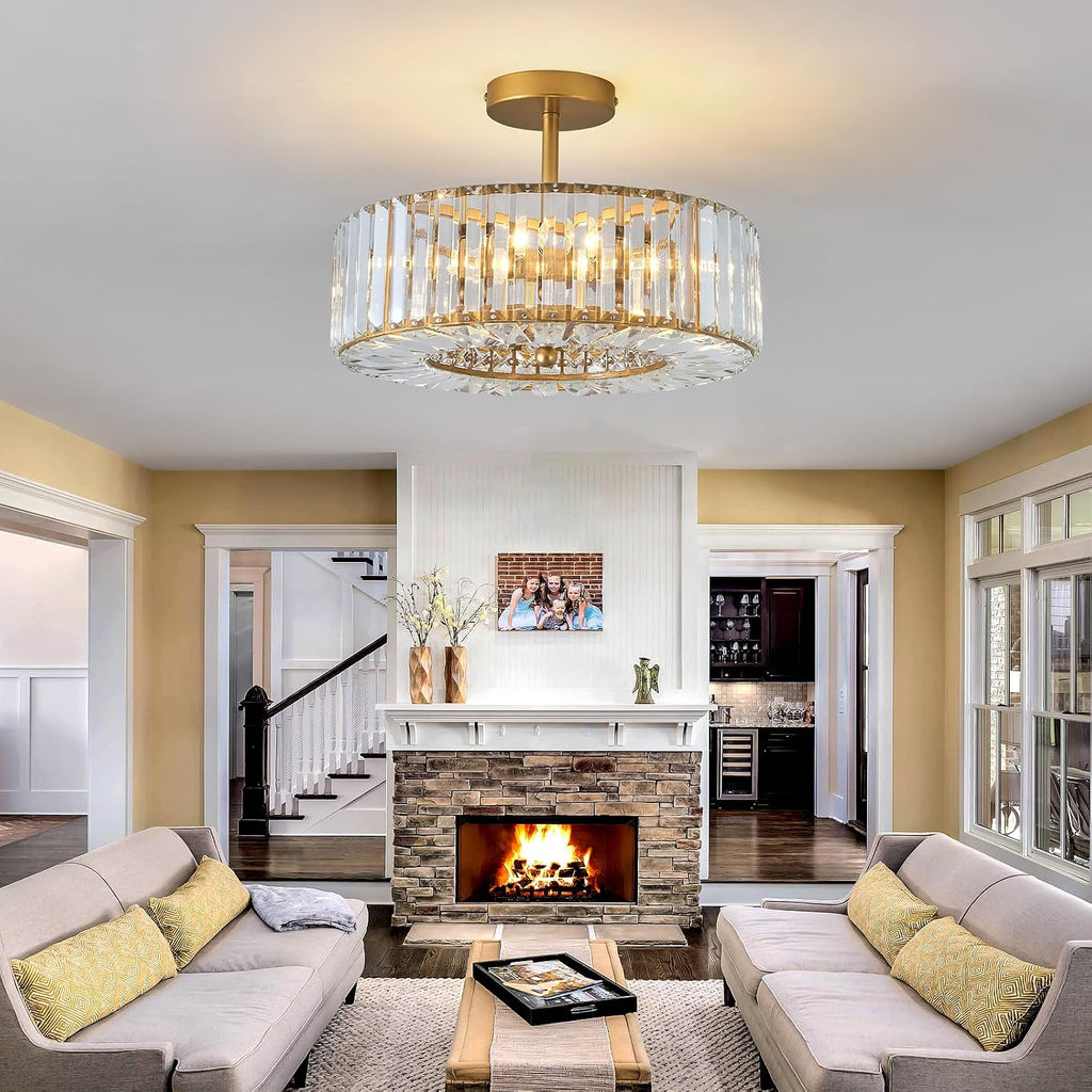 4 Lights Modern Crystal Chandelier Gold Round Semi Flush Mount Ceiling Light Fixture Farmhouse Chandelier for Dining
