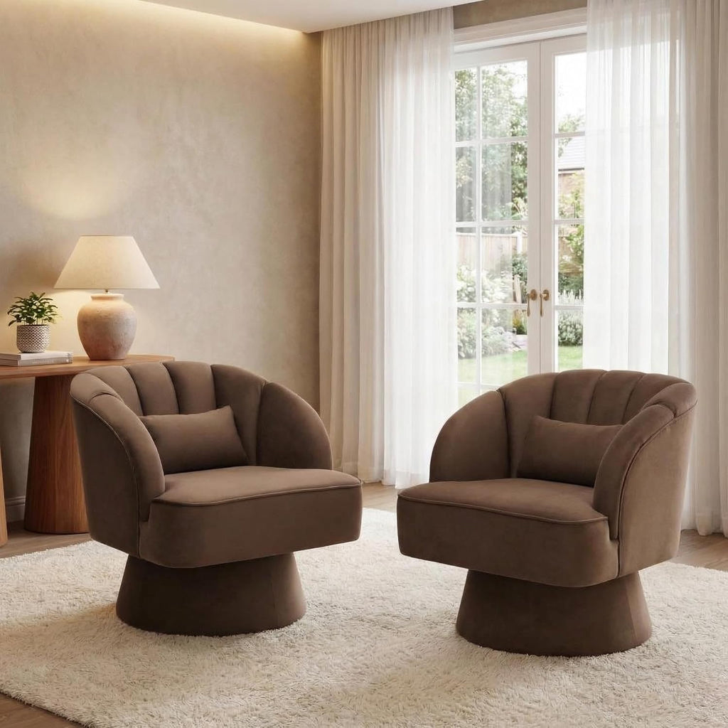 Swivel Accent Chair with Armrests, 360° Mid Century Modern Swivel Barrel Chair, Modern Cozy Velvet Armchair , Brown
