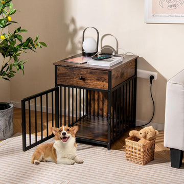 Industrial Dog Crate Furniture with Charging Station, Wooden Dog Kennel with Drawer and Lockable Door, 2 AC Outlets