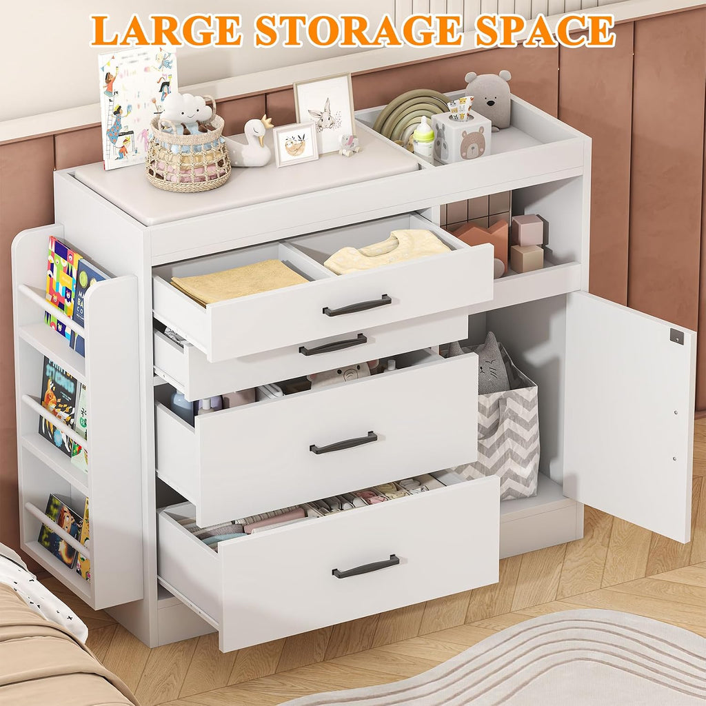 Changing Table Dresser, Baby Nursery Dresser with 4 Drawers & 1 Cabinet & 3 Open Shelves Storage, Modern Diaper