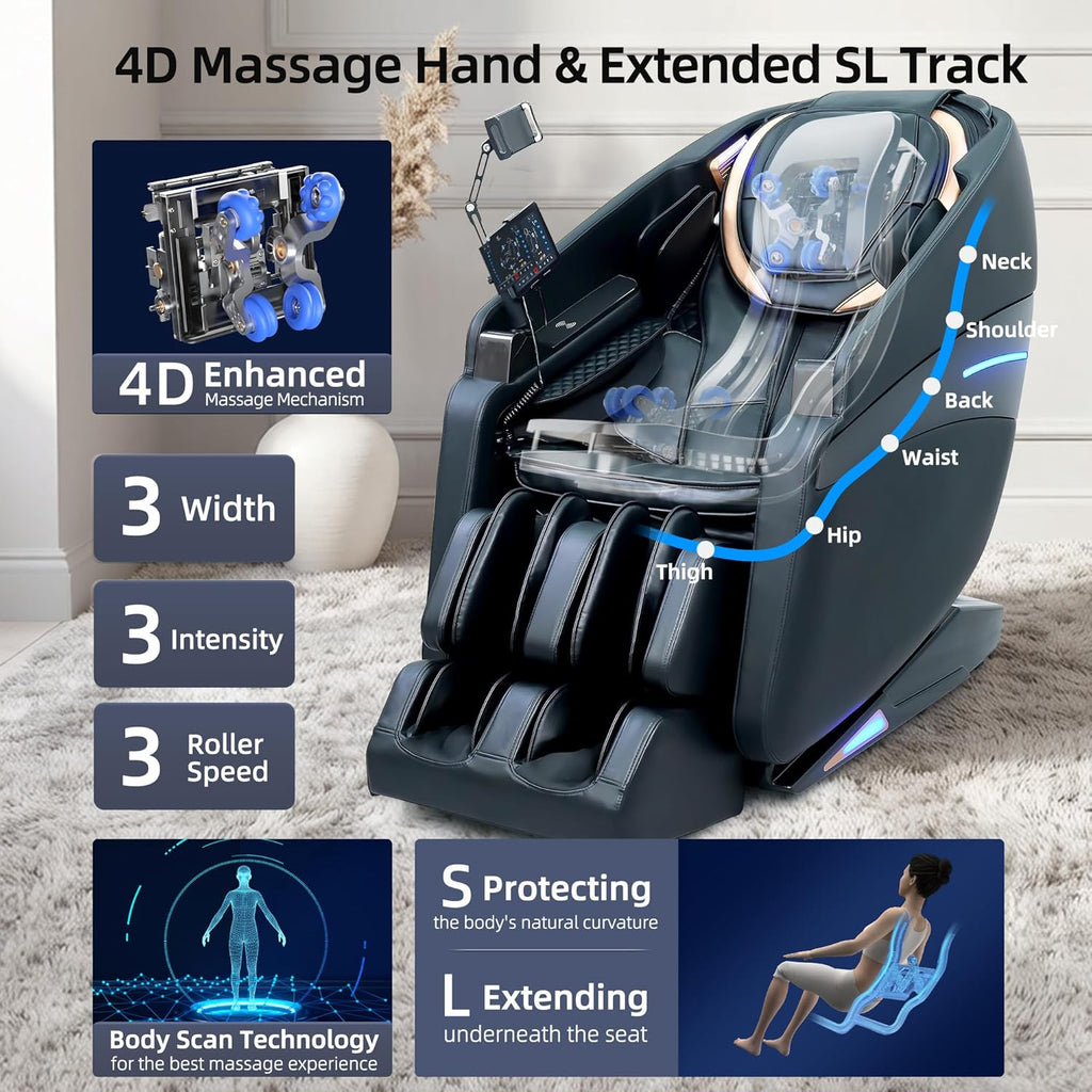 4D Massage Chair Full Body Extended SL-Track Zero Gravity Shiatsu Recliner | 3-Zone Heat,Foot Rollers,Thai