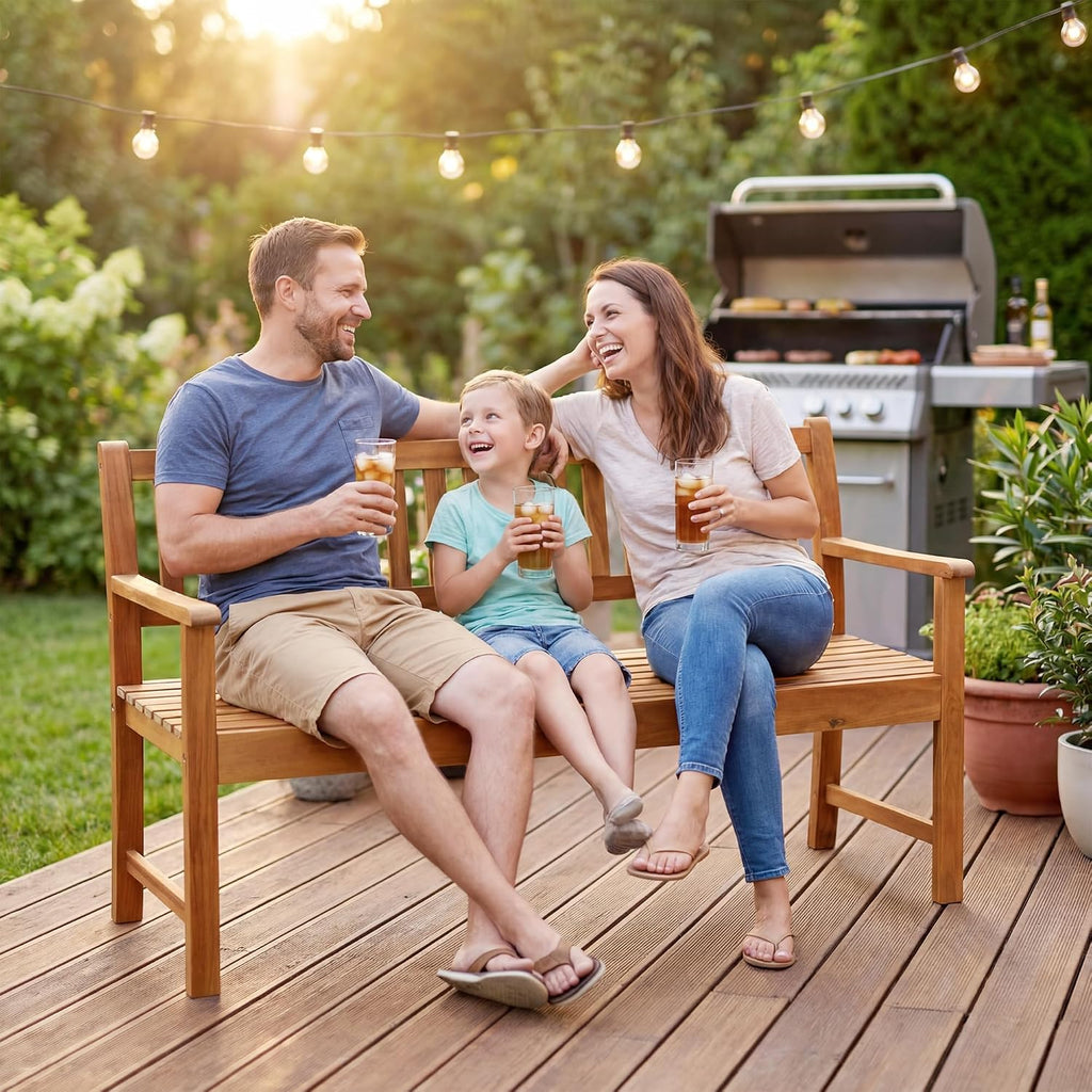 Acacia Wood Outdoor Bench, 2-Person Garden Bench with Pull-Out Table | Sturdy Patio Bench Porch Bench, Wooden Bench