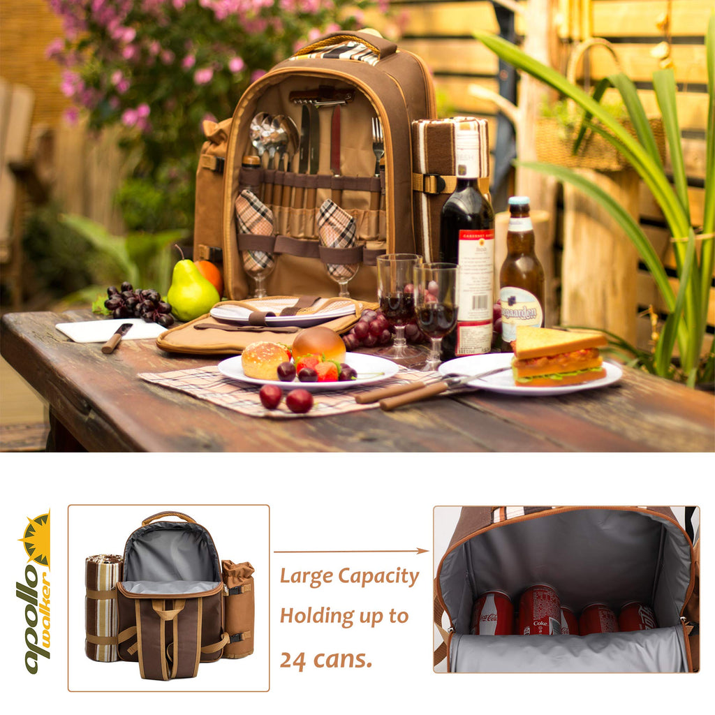 Backpack, 4-Person with Blanket & Wine, Family & Lovers Gift, Brown