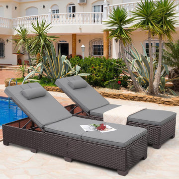 Outdoor Chaise Lounge Set Patio Lounge Chairs Outside Pool Lounger Furniture Set of 2 Brown Wicker Recliners with