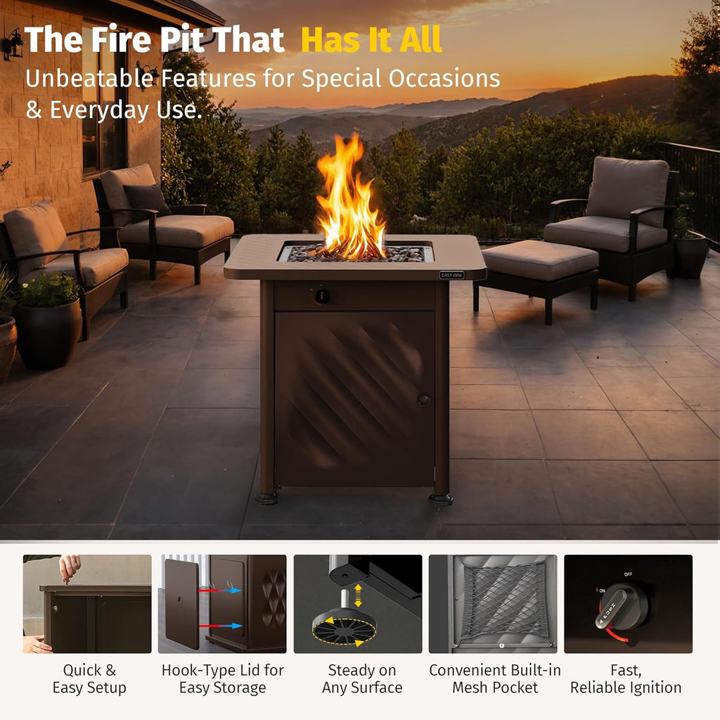 28” Outdoor Propane Fire Pit Table | 52,000 BTU Gas Fire Pit for 2-4 People with Space-Saving Hock Lid