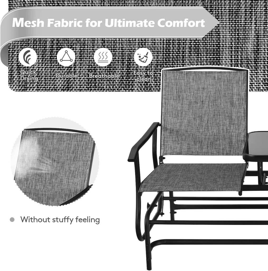 2 Person Outdoor Glider Bench w/Tempered Glass Table, Swing Patio Glider Chair with Steel Frame & Breathable Seat