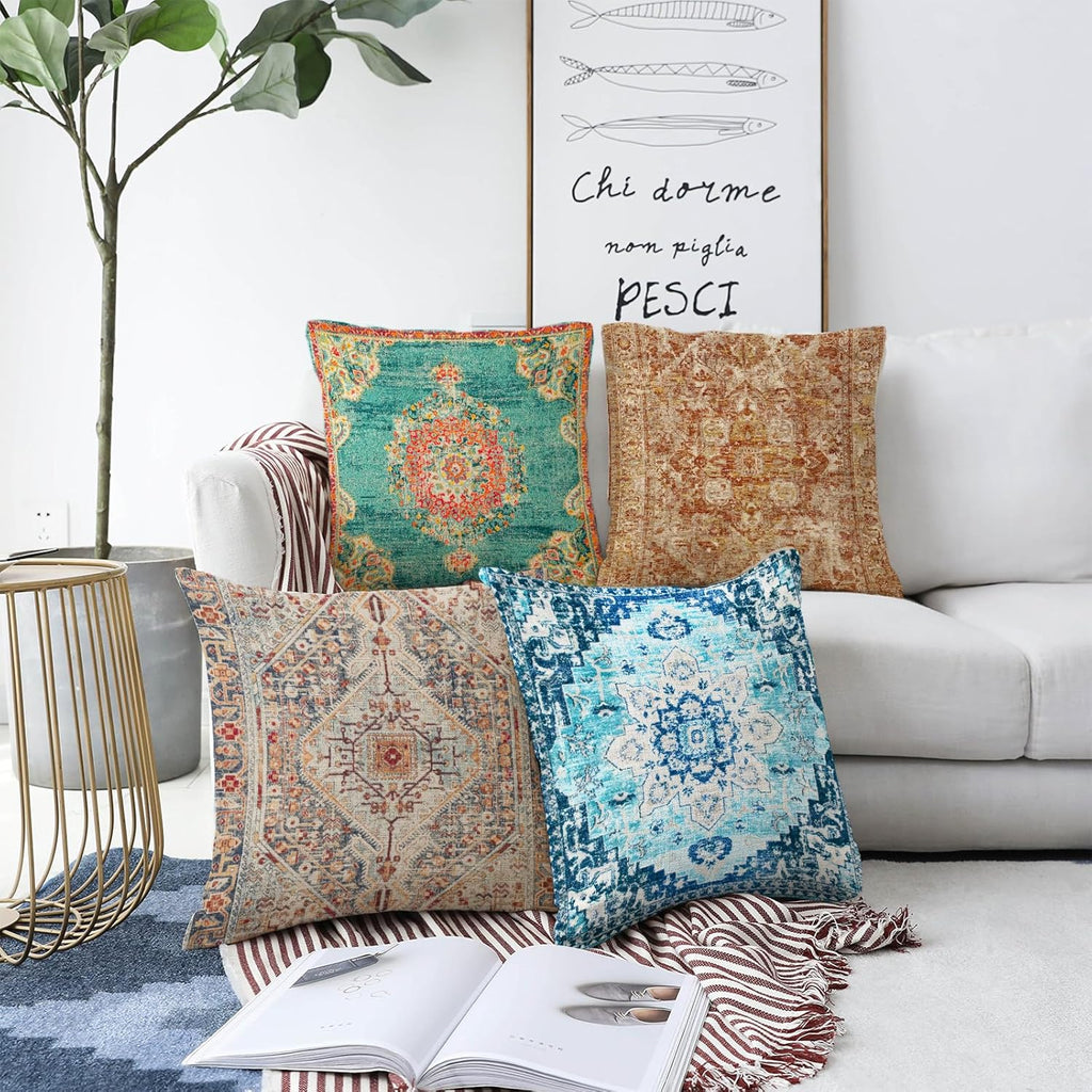 Boho Throw Pillow Covers 18x18 inch Set of 2,Bohemian Vintage Carpet Pattern Antique Ethnic Decor Double Sided