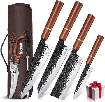 Japanese Knife Set 6pcs with Covers - Professional Chef Knife Set | Bag & Sharpener, High Carbon Steel Forged Knives