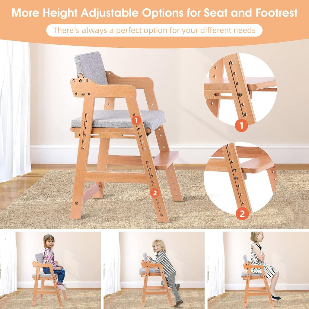 Wooden High Chair for Toddlers to Teens Adjustable Kids Learning Chair with Steps, Child Seats with Removable Cushion