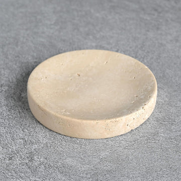 Small Travertine Jewelry Dish 4", Natural Beige Stone Trinket Tray for Rings Earrings Necklaces, Round Travertine