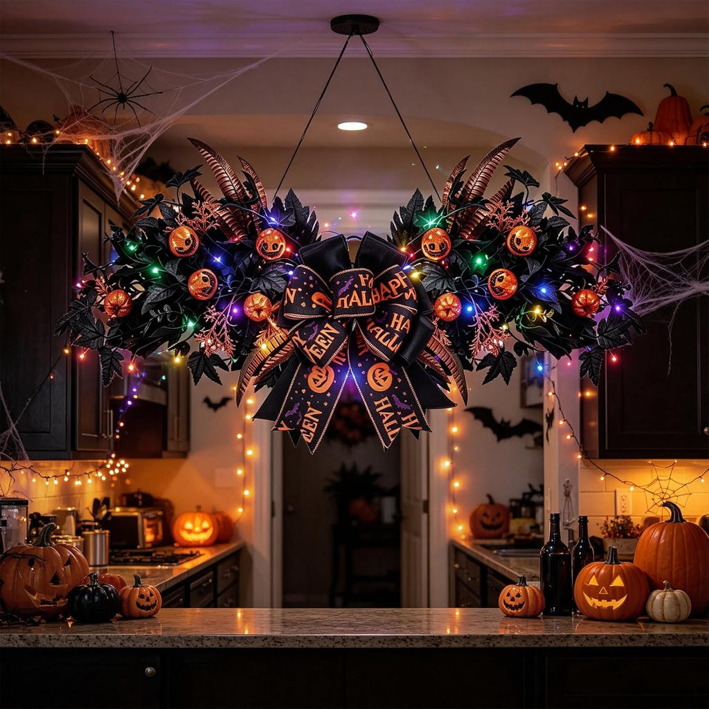 Halloween Front Door Swag Weath with LED Artificial Gothic Black Maple Glitter Evil Pumpkin Teardrop Swag