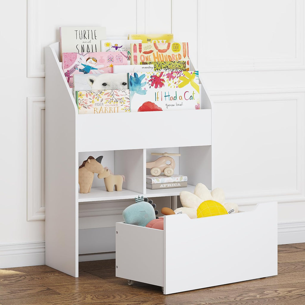 Kids Bookshelf with Movable Toy Box, Toddler Book Shelf and Toy Storage, Children Book Display Rack Toy Chest Combo