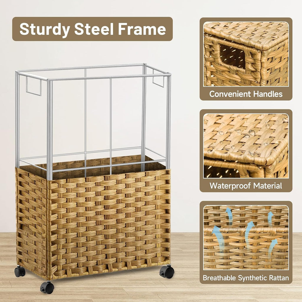 70L Slim Laundry Hamper with Lid & Wheels, Rolling Laundry Basket with 2 Removable Liner Bags & 3 Mesh Bags, Narrow