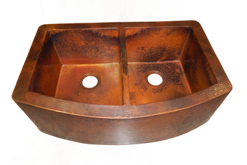 Rounded Apron Front Farmhouse Kitchen Double Bowl Mexican Copper Sink 50/50