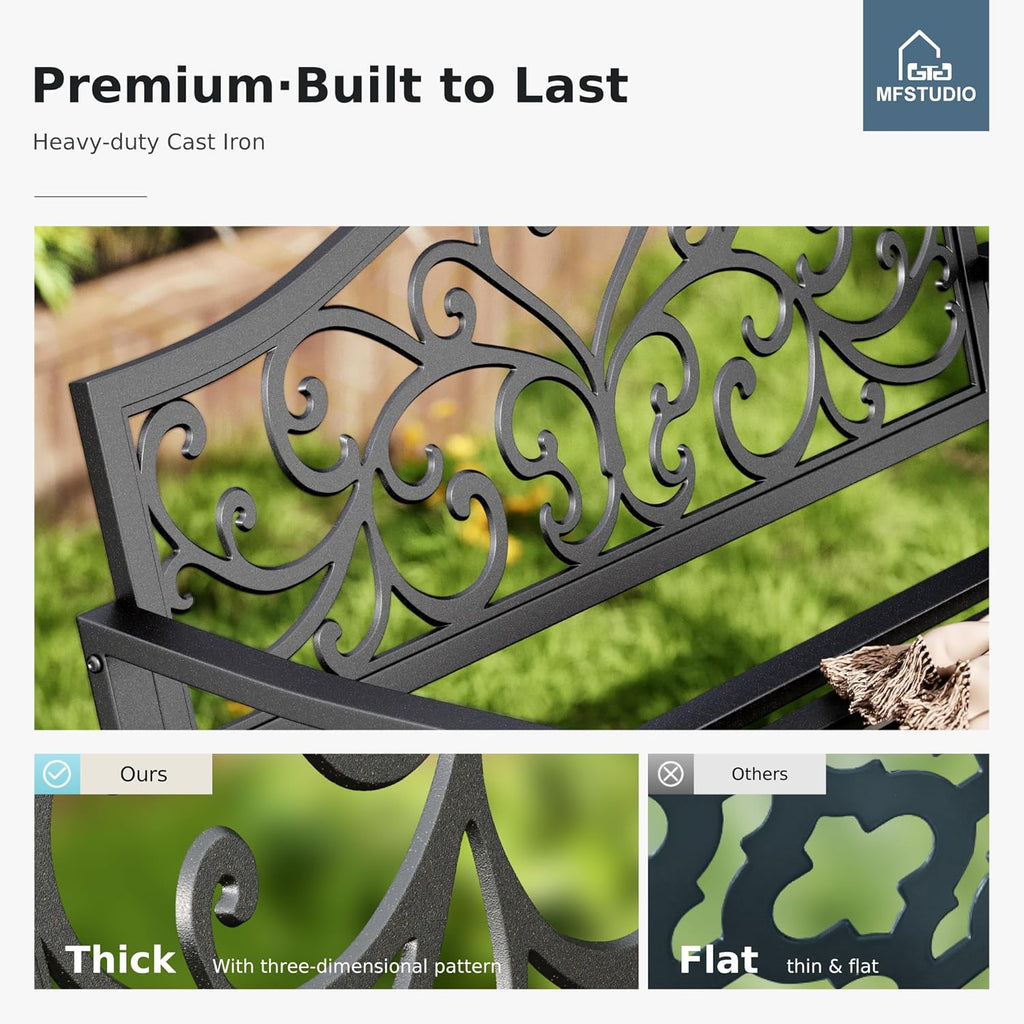 43.7 Inches Cast Iron Outdoor Garden Bench, Floral Backrest, Black | E-Coating Anti-rust Finish, Weatherproof Outdoor