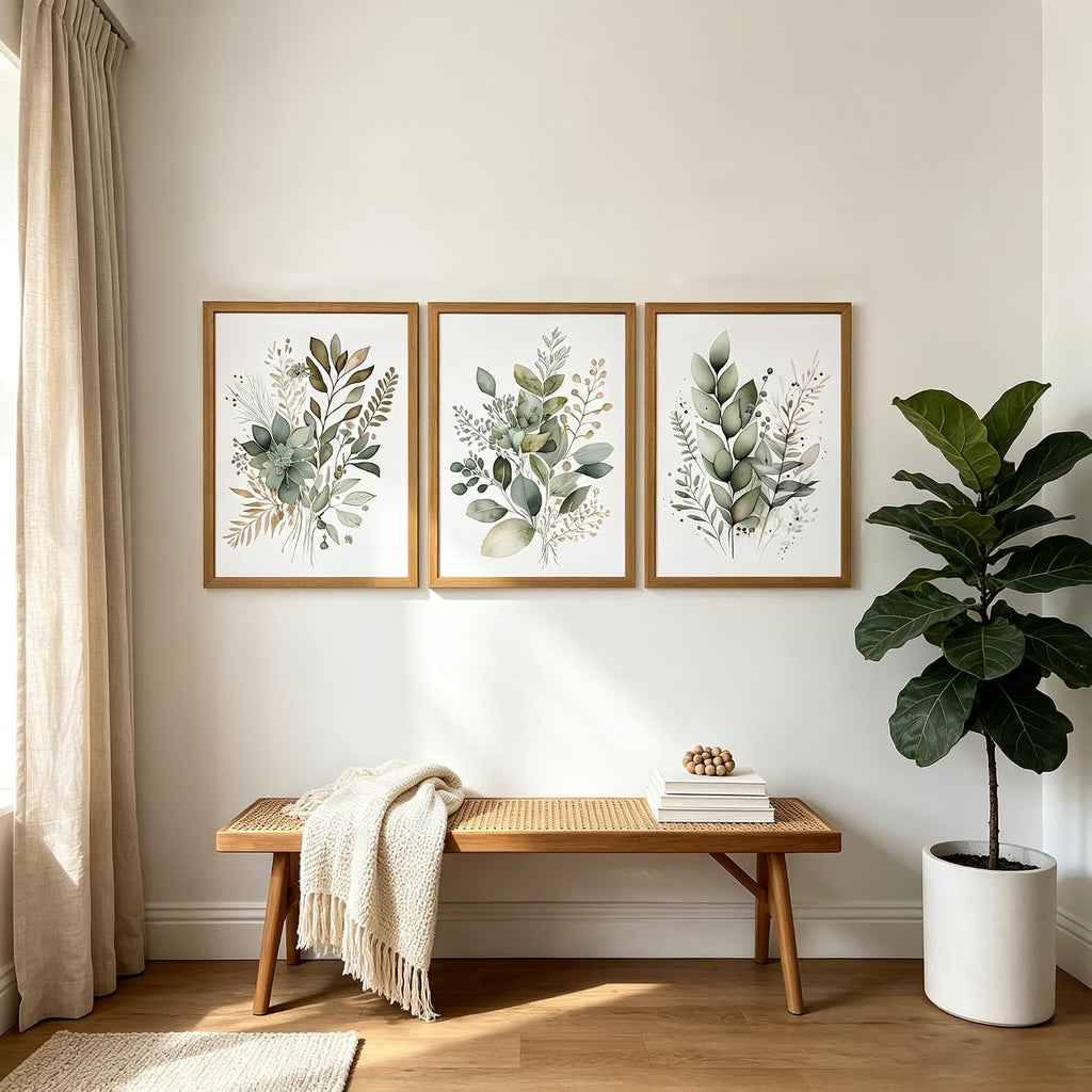 Sage Green Botanical Wall Art Set of 3, Modern Watercolor Eucalyptus Leaf Canvas Prints, Minimalist Boho Floral Wall