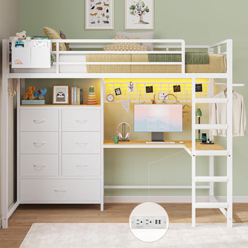 Twin Loft Bed with L-Shaped Desk and 7 Storage Drawers,Metal Twin Loft Bed for Kids with LED Lights and Charging