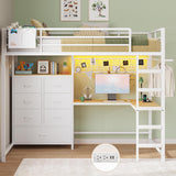 Twin Loft Bed with L-Shaped Desk and 7 Storage Drawers,Metal Twin Loft Bed for Kids with LED Lights and Charging