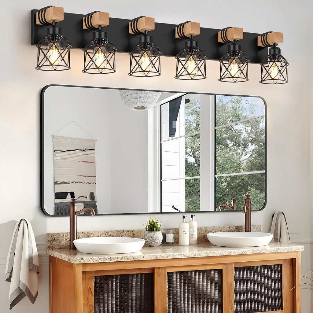 6-Light Bathroom Vanity Light, Bathroom Wall Lamps Over Mirror | Rustic Wood & Black Metal Shade, Wood Black Vanity