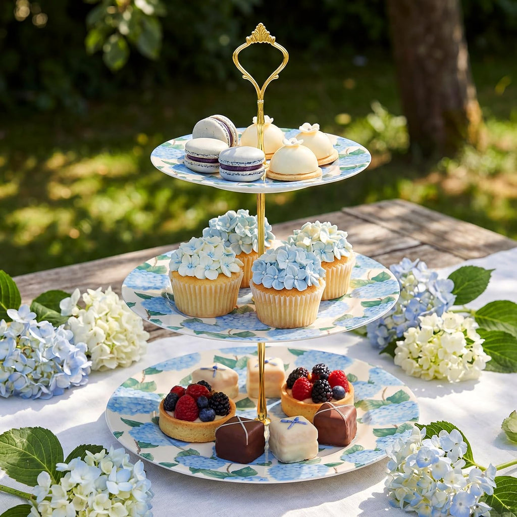 3 Tier Blue Hydrangea Cake Stand 10", 9" and 7" Ceramic Serving Tray Dessert Cupcake Display Holder Tower for Wedding