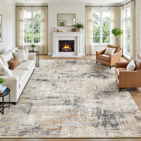 8x10 Washable Abstract Area Rug, Gold Pattern Non-Slip Carpet for Living Room Bedroom