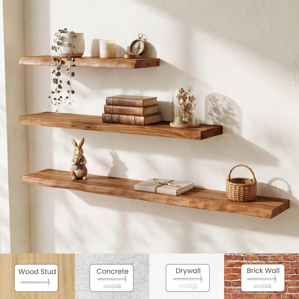 Live Edge Elm Floating Shelves - 40 In Rustic Solid Wood Shelves with Heavy-Duty Invisible Bracket, Wall-Mounted