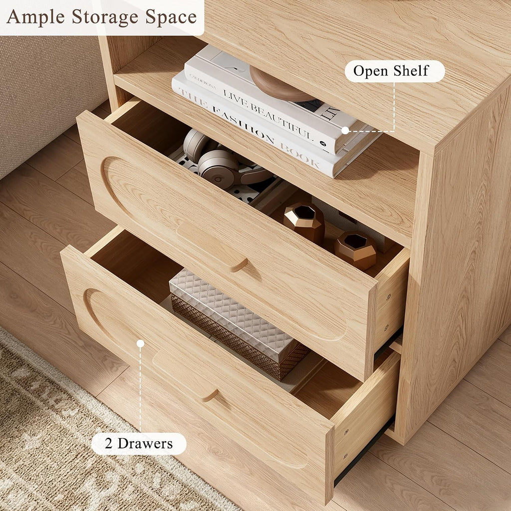 Nightstand with Charging Station, Modern End Table with 2 Drawers Storage, Space-Saving Wood Storage Cabinet with