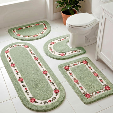4 Pcs Green Bathroom Rugs Set, Rose Floral Bath Mat, Coquette Decor