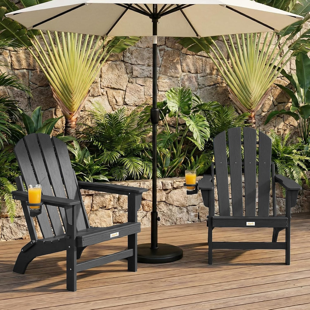 Folding HDPE Adirondack Chair 2-Pack, Gun-Leg Frame with Cupholder | All Weather Waterproof Heat Resistant, Wood