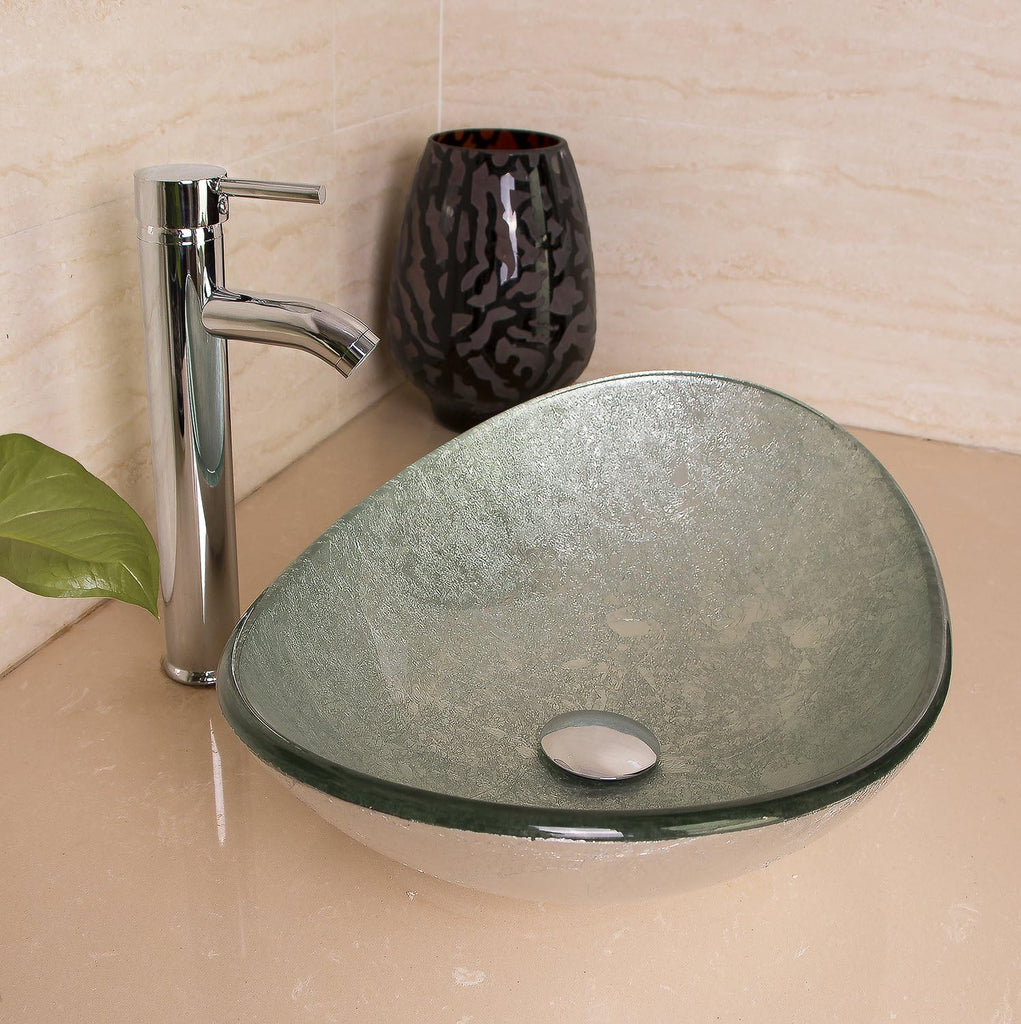 21.7"L × 14.2"W × 6.3"H Tempered Glass Vessel Sink Set - Boat-Shaped Wash Bowl with Chrome Faucet & Pop-Up Drain Stopper