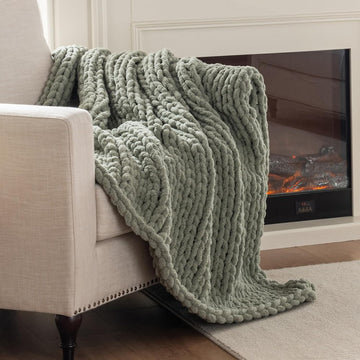 Chunky Knit Blanket Throw, 100% Hand Knit Throw Blanket Handmade Chenille Cable Knit Throw, Stylish Cozy Soft Rope