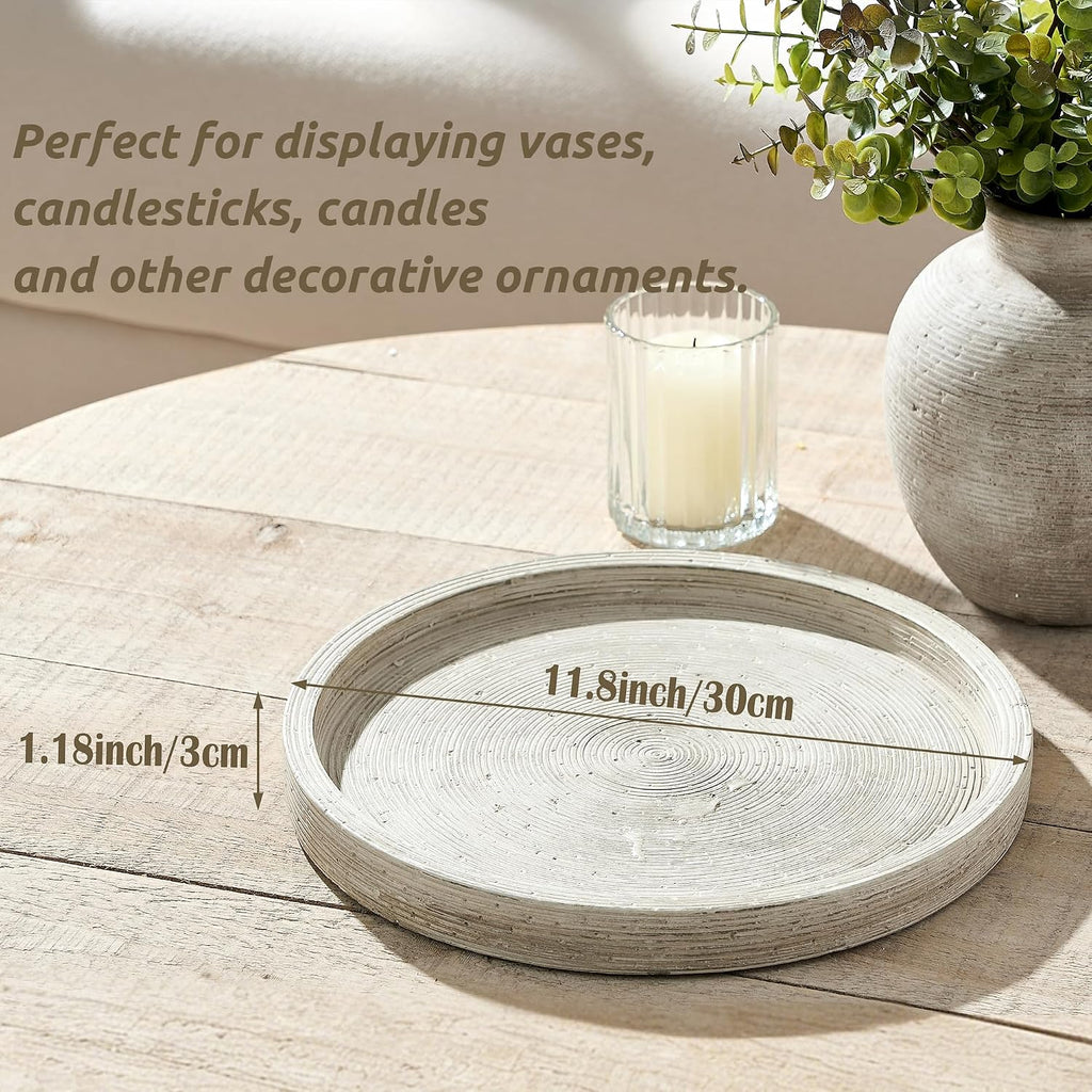 Decorative Table Tray Round Trays Home Decor Cement (11.8" Retro) | Farmhouse for Table Candle Organizer Living Room