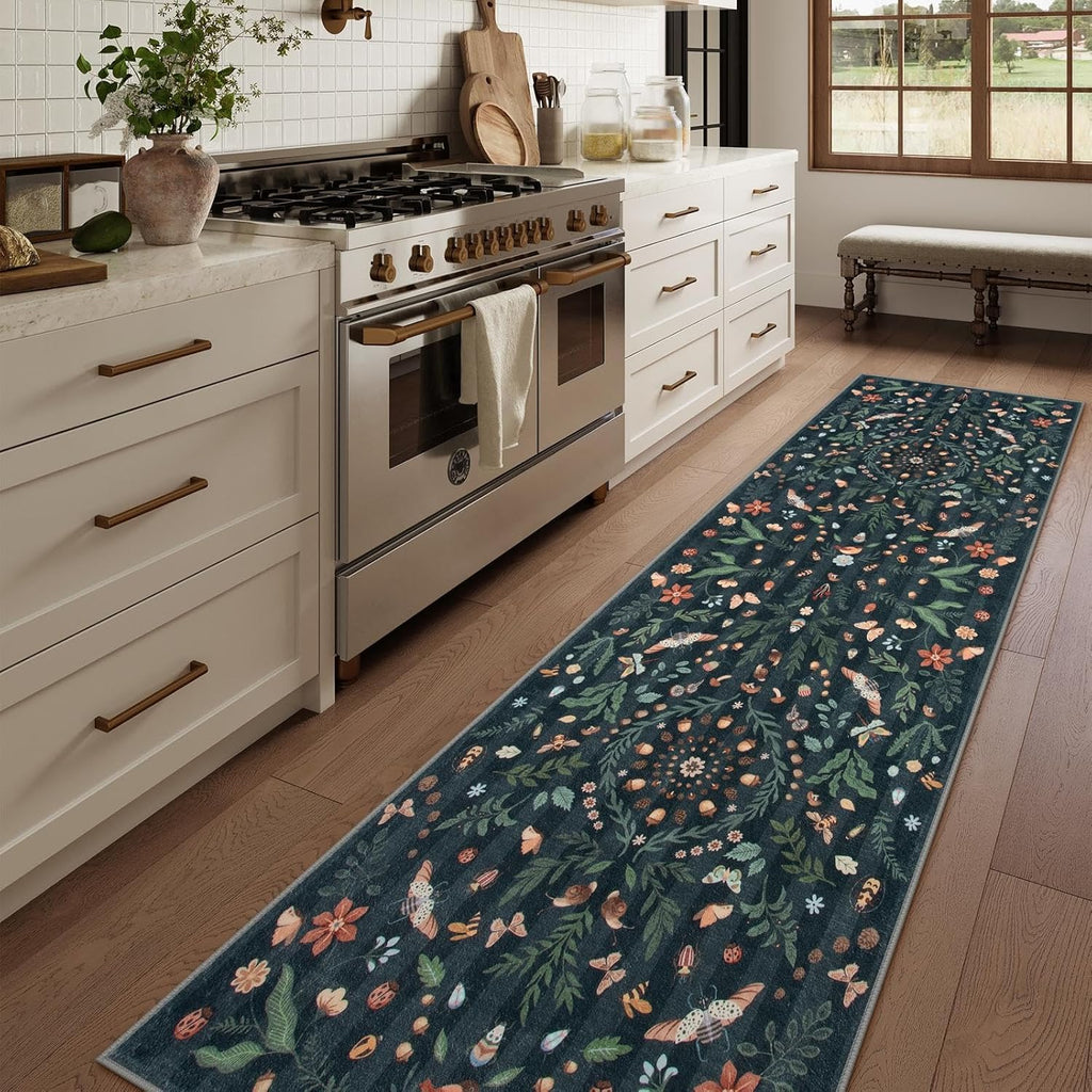 Insect Botanical 2'6"x10' Black Runners for Hallways, Non Slip Washable Kitchen Bathroom Carpet Runn