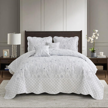 Botanical Oversized Bedspread King - Leaves Pattern Stitching Quilt Set - Elegant & Fresh Style Bedding Coverlets