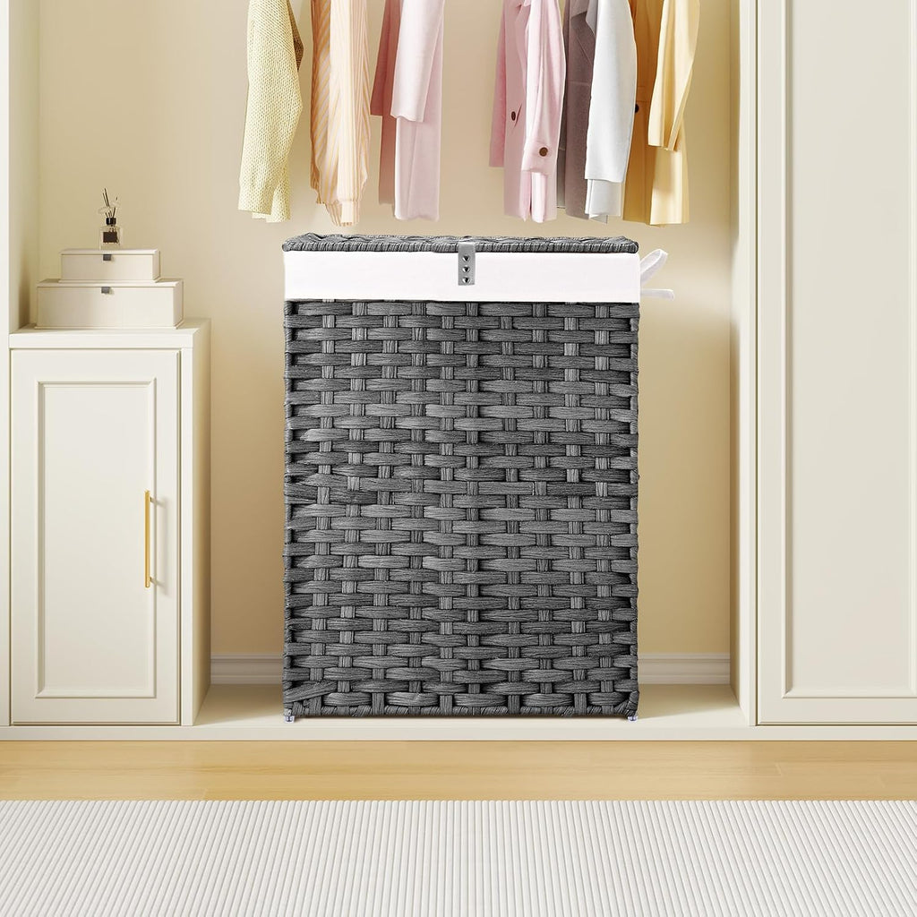 Laundry Hamper with Lid, 90L Clothes Hamper with 2 Removable Liner Bags & 2 Mesh Laundry Bags, Handwoven Synthetic