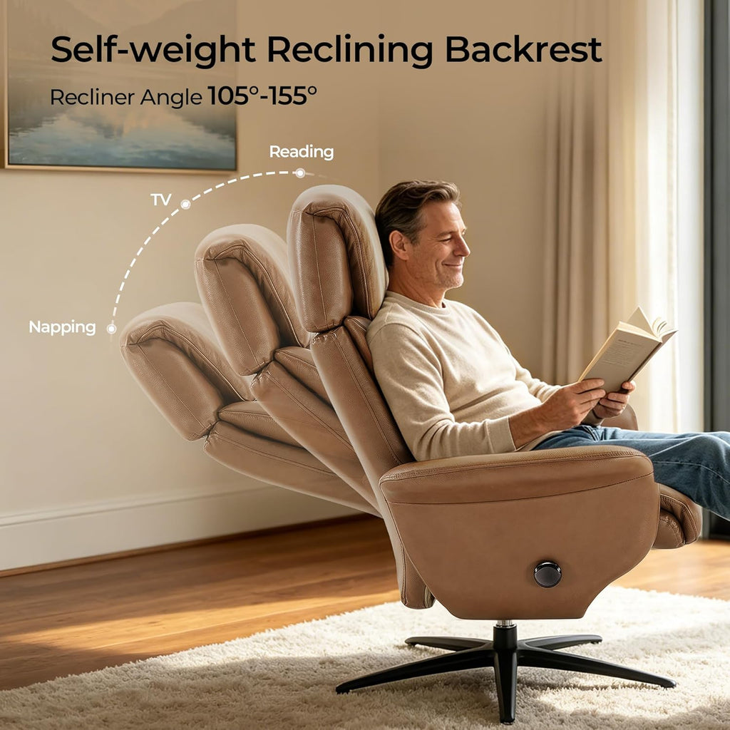Modern Reclining Swivel Lounge Chair and Ottoman — Saddle Genuine Leather