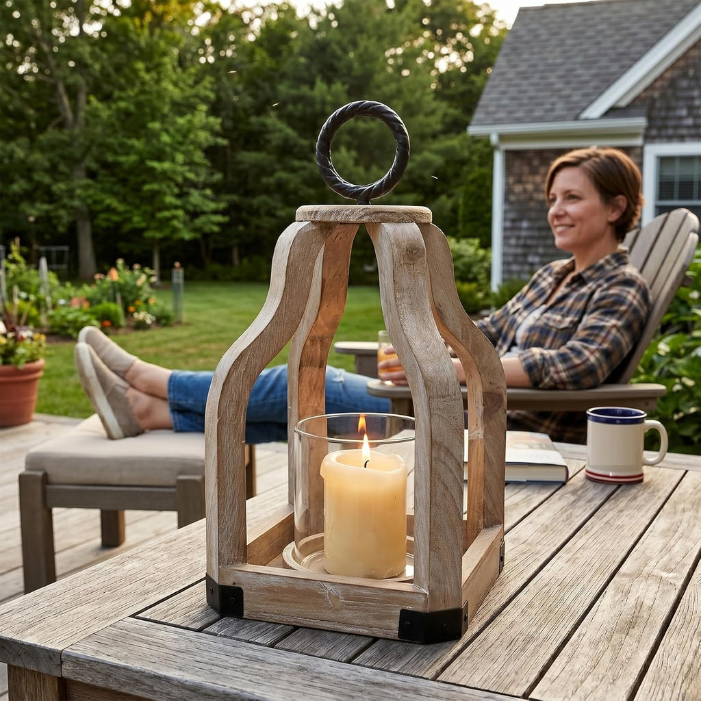 13" Rustic Farmhouse Wood Candle Hurricane Lantern with Glass Candlestick Holder for Patio, Table Centerpiece, White