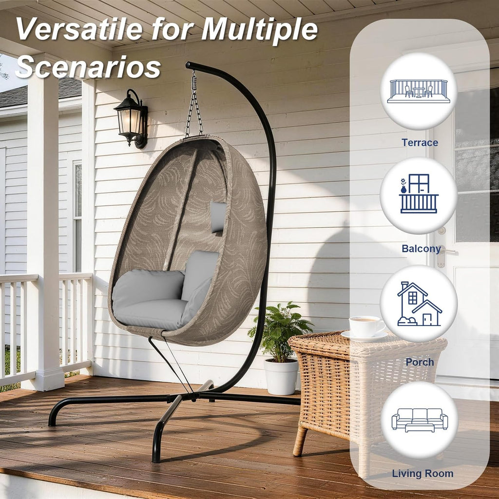 Foldable Egg Chair with Stand, 485LBS Capacity Textilene Hammock Swing Chair for Outdoor & Indoor, Hanging Chair with