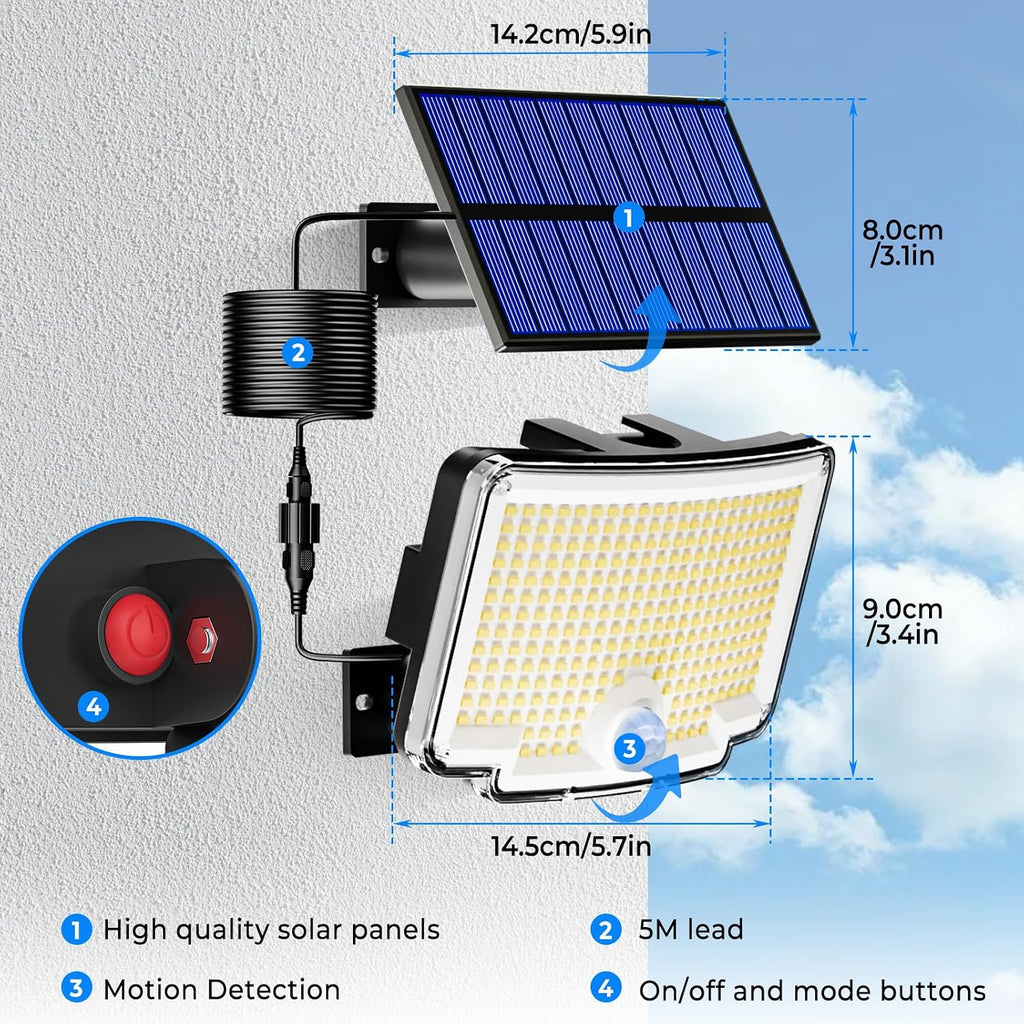 Solar Lights Outdoor Waterproof, [318 LED/3 Modes] Solar Motion Security Light, Flood Lights with 16.4 FT Cable for