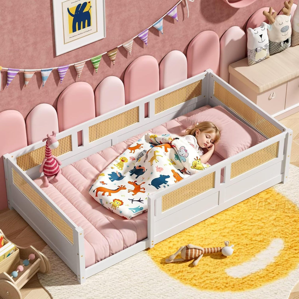 Twin Size Floor Bed with PE Rattan High Fence, Wood Montessori Bed Frame with Slats for Children Girls Boys, White