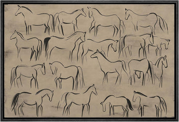 Framed Canvas Print Wall Art Abstract Horse Sketch Collection on Beige Minimalist Illustrations Digital Art