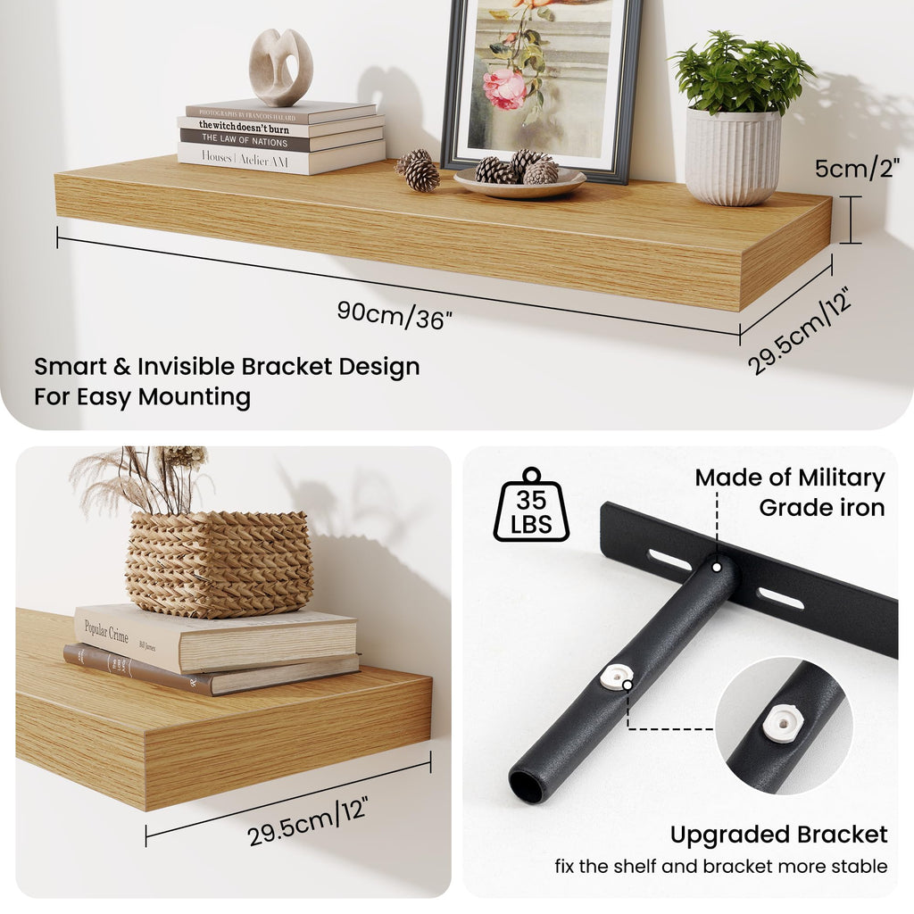 12" Deep Floating Shelves for Wall, 36" W x 12" D Floating Shelves, Long Wood Floating Wall Shelf Bathroom Bedroom