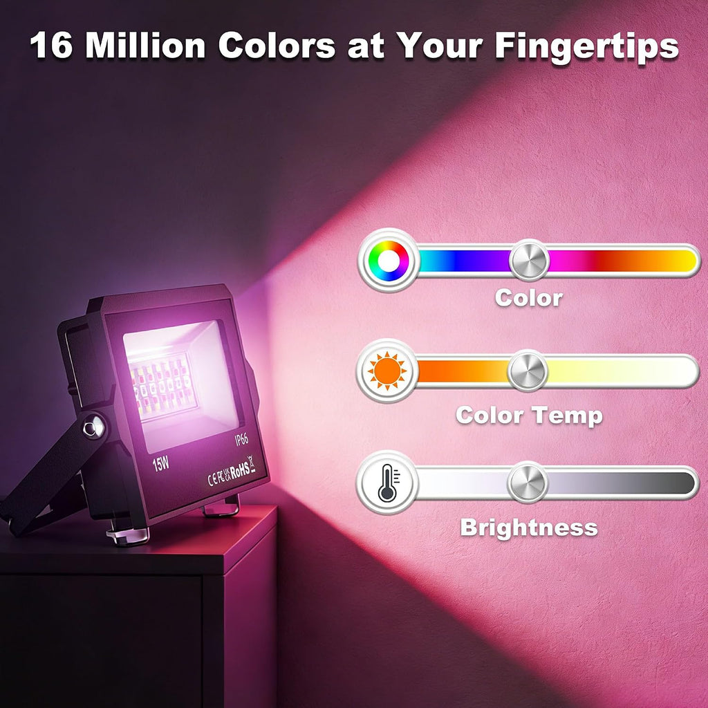 LED Flood Light Outdoor,RGB Waterproof (IP66) Flood Light with APP Control,15W Outdoor Color Changing with DIY Scene
