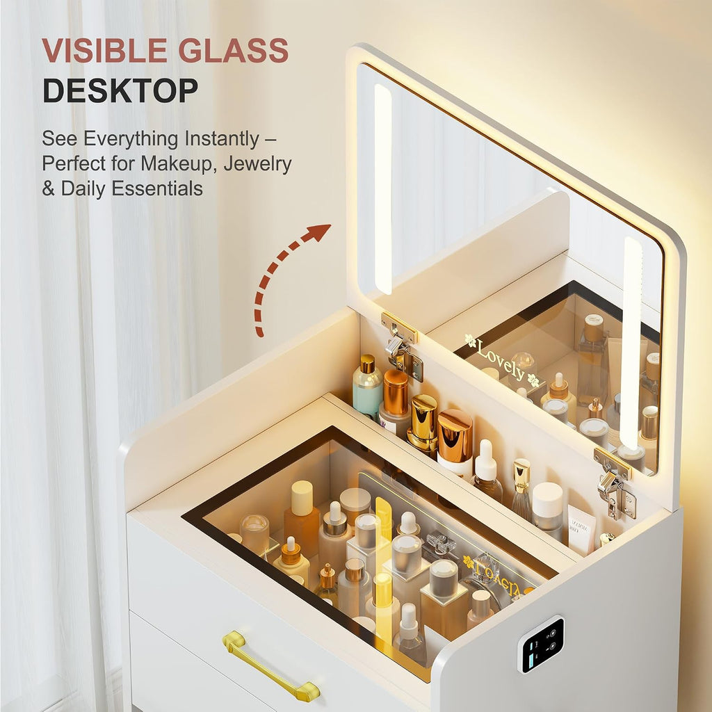 3 in 1 Vanity with Mirror and Sensor Lights,Charging Station,Pure White | Glass Top Compact Vanity with