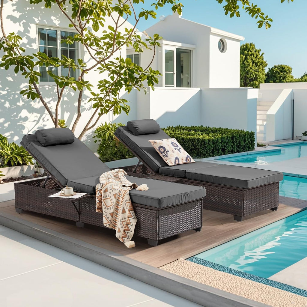 Outdoor Lounge Chairs, Pool Lounge Chairs Set of 2, Outdoor Chaise Lounge with Adjustable Backrest & Cup Holder,Grey