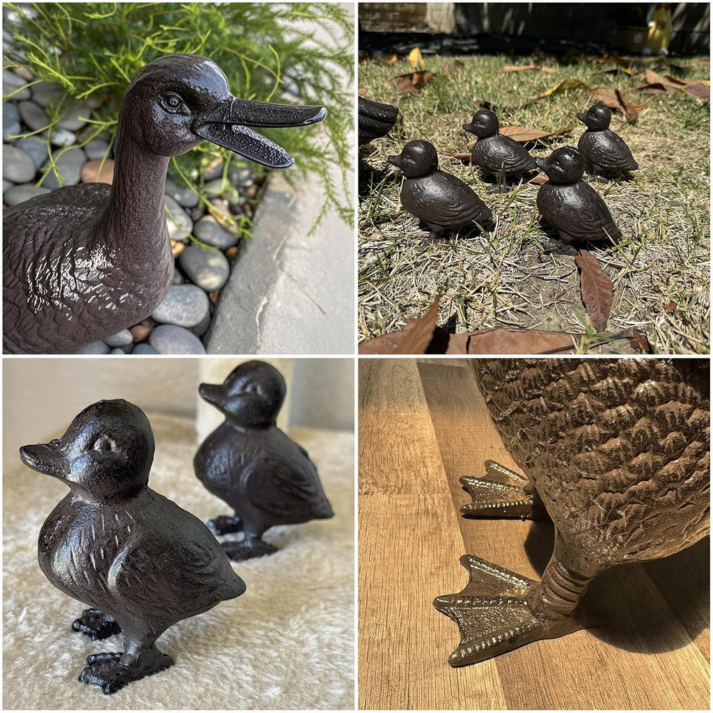 Vintage Cast Iron Duck Family Garden Statue, Rust Brown Mother Duck (15.7" Tall) with 4 Ducklings (3.6" Tall)